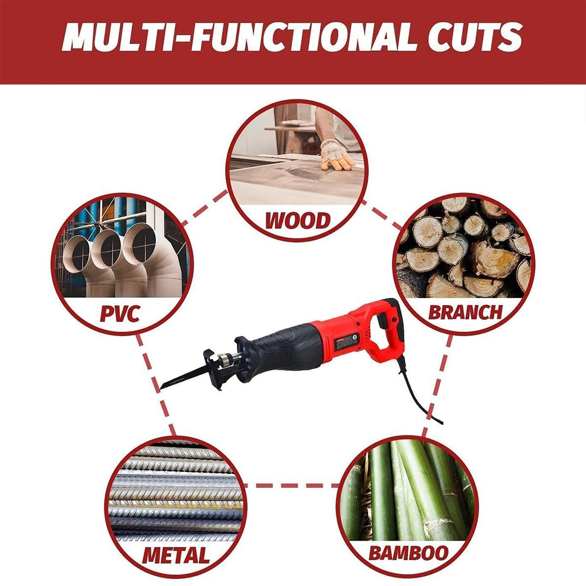 7.5A Reciprocating Saw 2800SPM No-load Speed Reciprocating Saw Corded Electric Hand Saw with 5 Blades for Cutting Wood Metal and PVC RED  UK