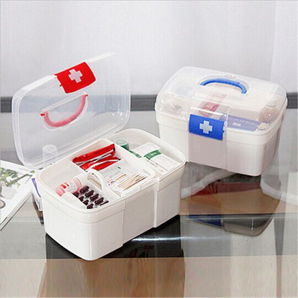 Plastic Clear Health Medicine Chest First Aid Kit Case Storage Box Red Gules