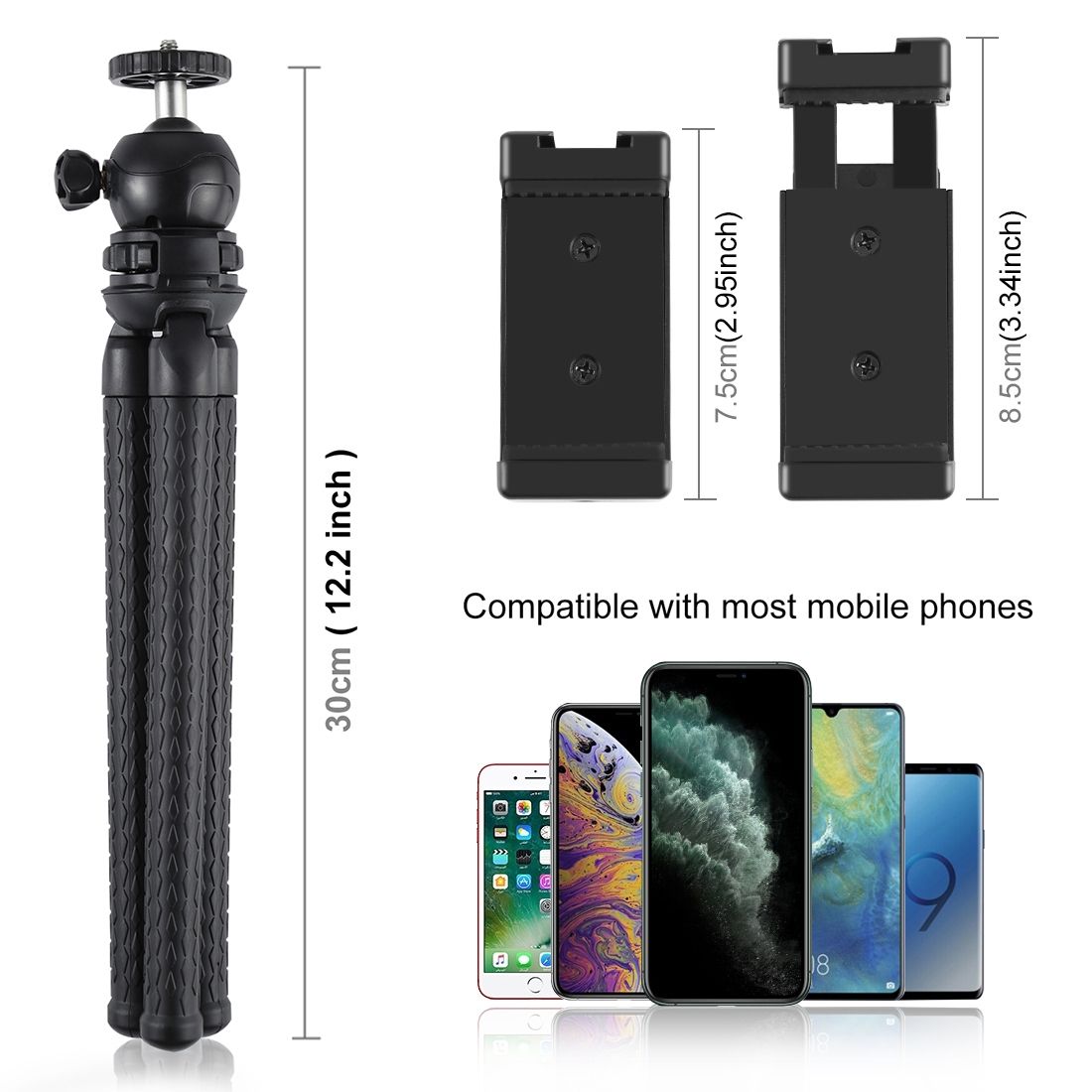 PULUZ Mini Octopus Flexible Tripod Holder With Ball Head & Phone Clamp + Tripod Mount Adapter & Long Screw For SLR Cameras, GoPro, Cellphone, Size: 30cmx5cm