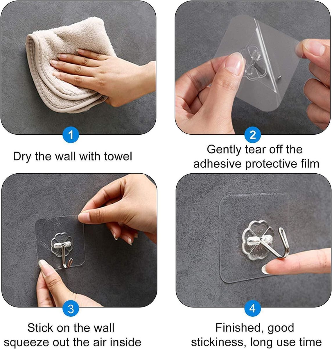 4PCS Wall Hook Waterproof and Oil-proof Self-adhesive Transparent Reusable Transparent