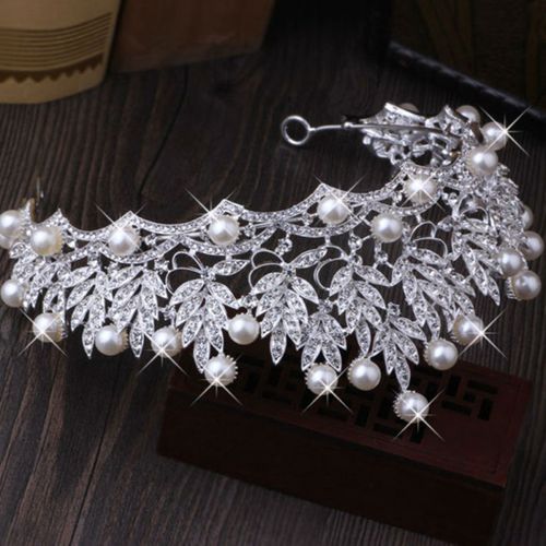Shiny Faux Pearl Hollowed Rhinestone Inlaid Hair Crown-White