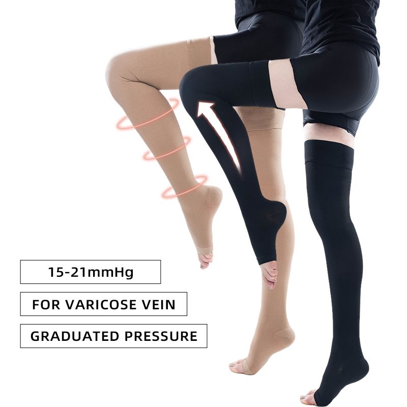 (Black)15-21mmHg 1 Pair Woman Medical Compression Stockings Thigh High Prevent Varicose Veins  SMA
