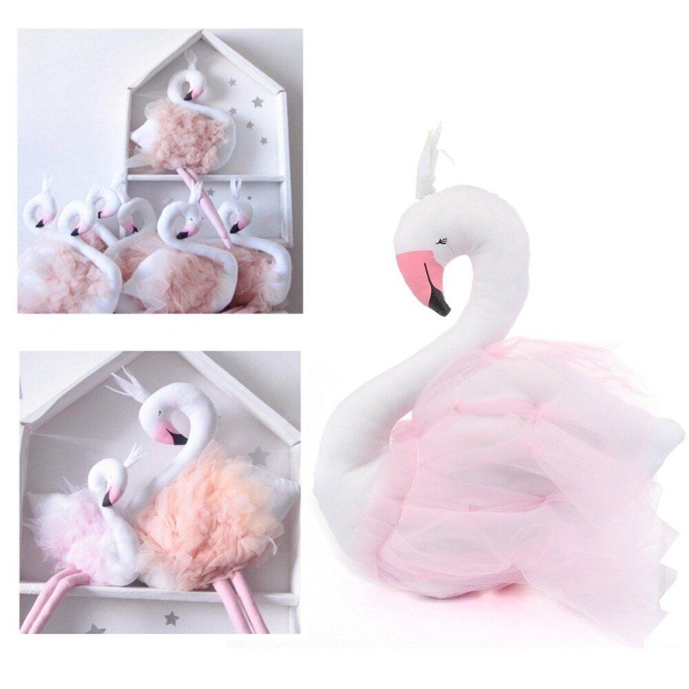 White Swan Pillow Handmade Kids Baby Princess Toys Pink Mouth Crown Lace 51x25CM