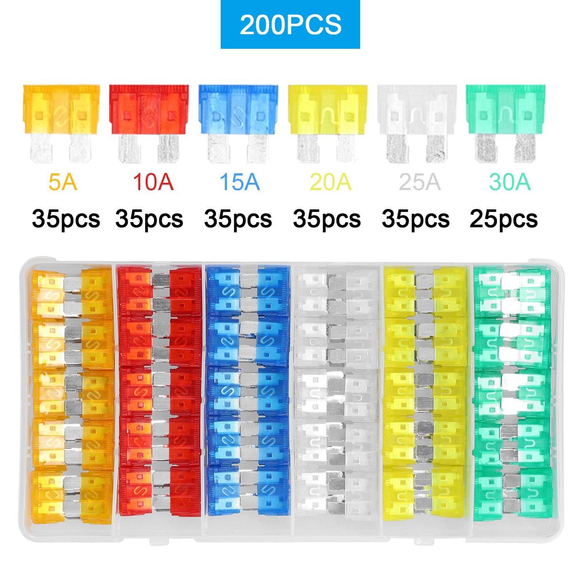 200pcs Fuses Assortment Kit Plug-in Blade Fuse with Storage Box for Car Truck SUV RV Marine Boat 5A 10A 15A 20A 25A 30A