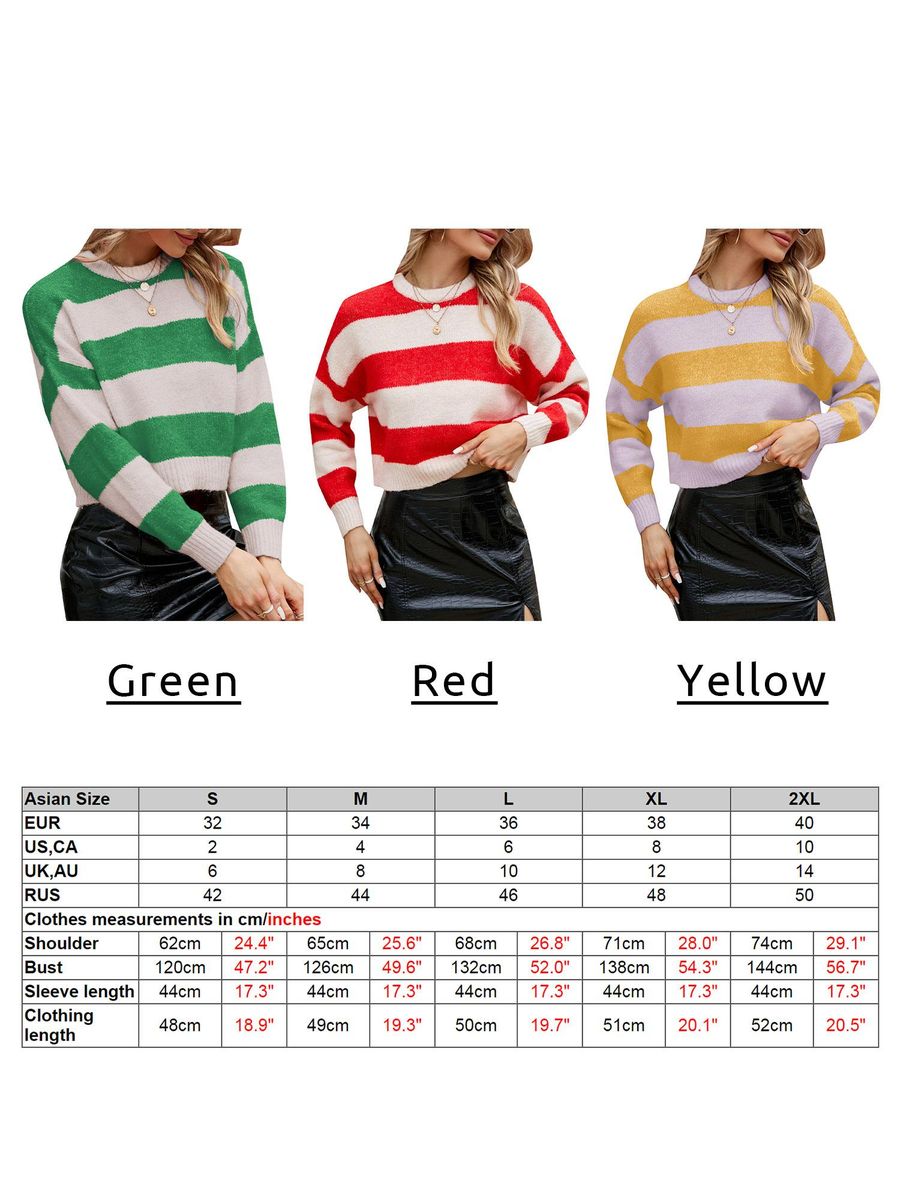 Women Crop Pullovers Striped Long Sleeve O Neck Casual Sweaters