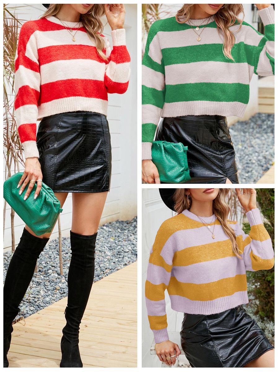 Women Crop Pullovers Striped Long Sleeve O Neck Casual Sweaters