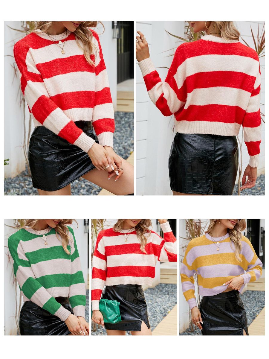 Women Crop Pullovers Striped Long Sleeve O Neck Casual Sweaters