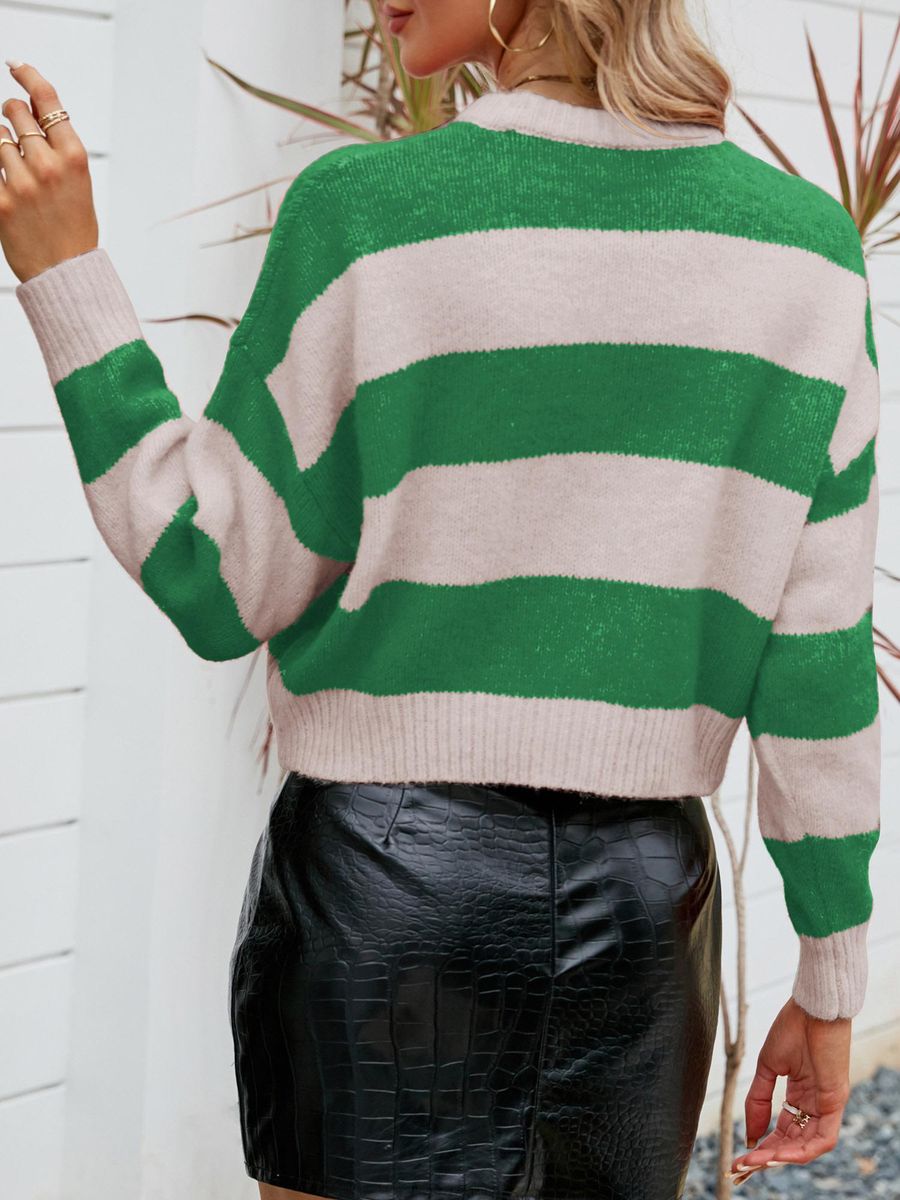 Women Crop Pullovers Striped Long Sleeve O Neck Casual Sweaters