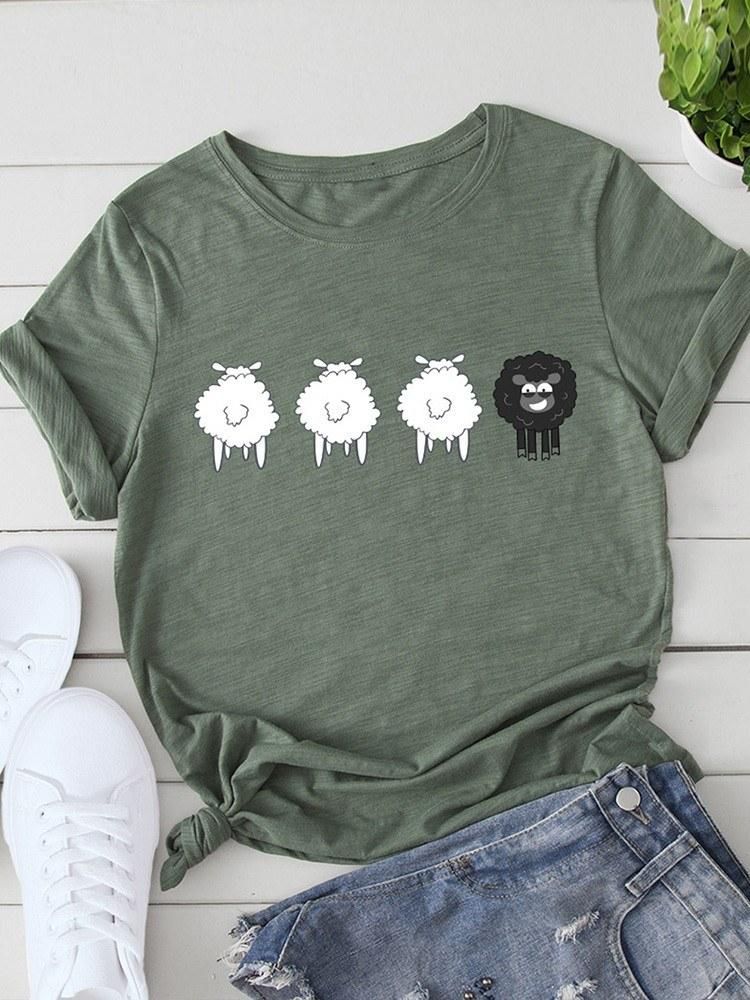 Women T-shirt Cute Sheep Print Short Sleeve O Neck Plus Size Casual Tops S-5XL