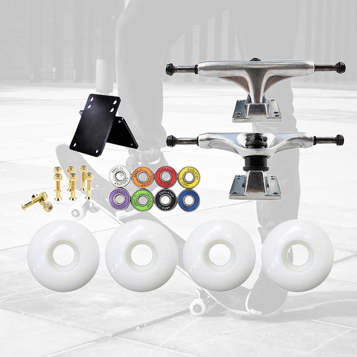 1 Set Skate Board Truck Kit Longboard Roller Wheels Pads Silver White