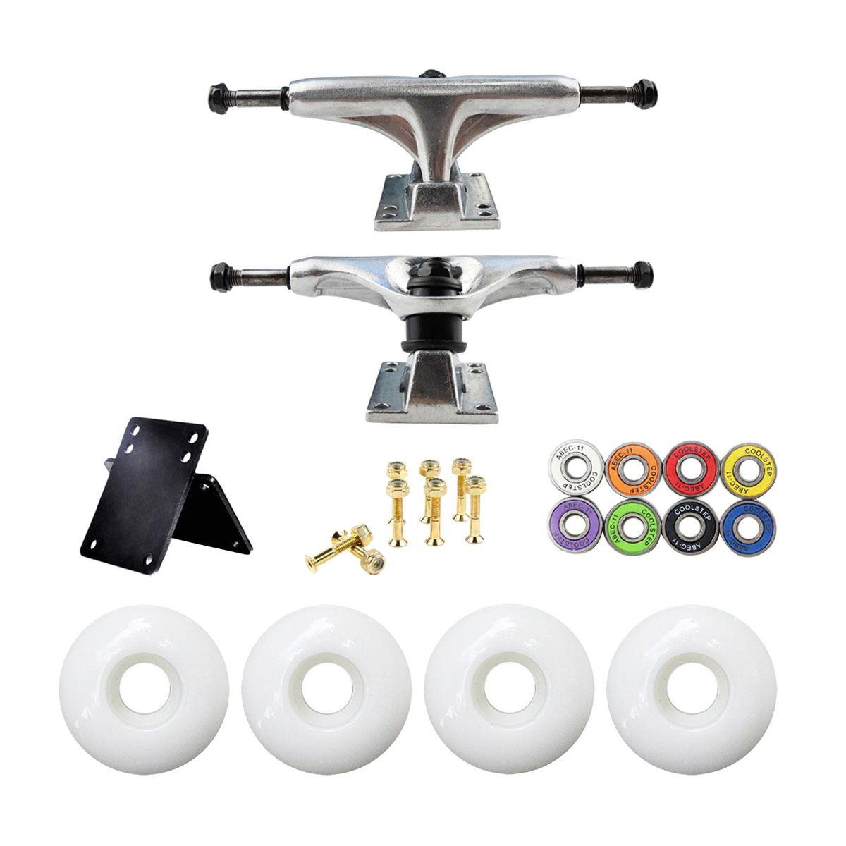 1 Set Skate Board Truck Kit Longboard Roller Wheels Pads Silver White
