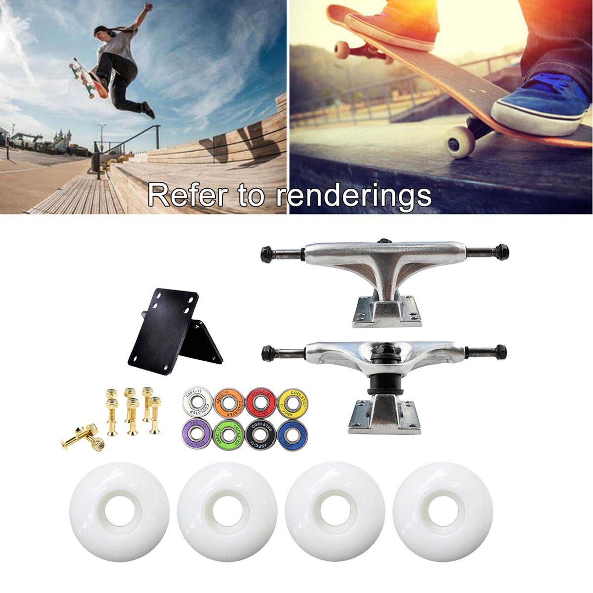 1 Set Skate Board Truck Kit Longboard Roller Wheels Pads Silver White