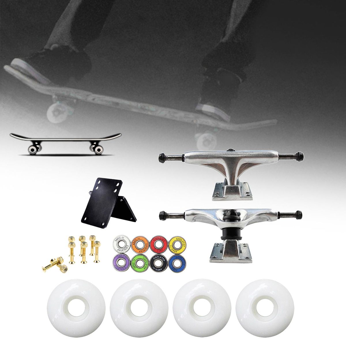1 Set Skate Board Truck Kit Longboard Roller Wheels Pads Silver White