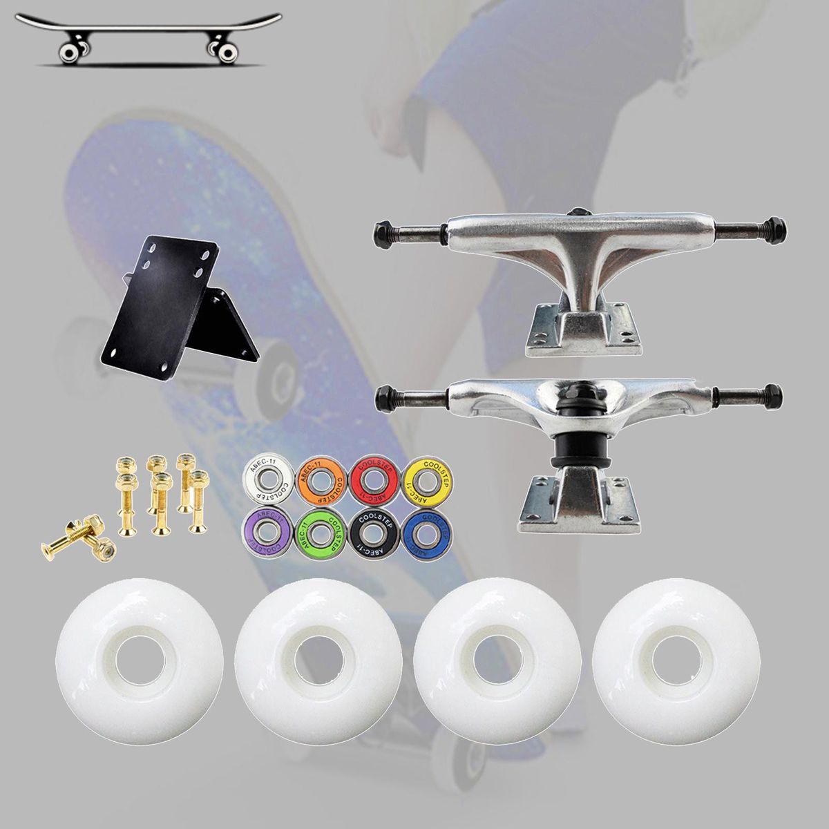 1 Set Skate Board Truck Kit Longboard Roller Wheels Pads Silver White