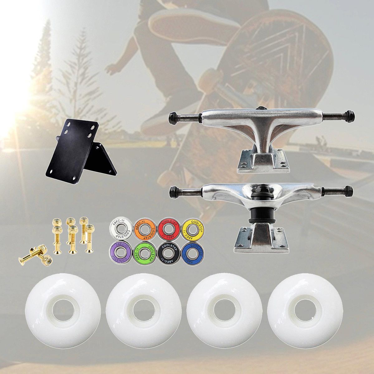 1 Set Skate Board Truck Kit Longboard Roller Wheels Pads Silver White