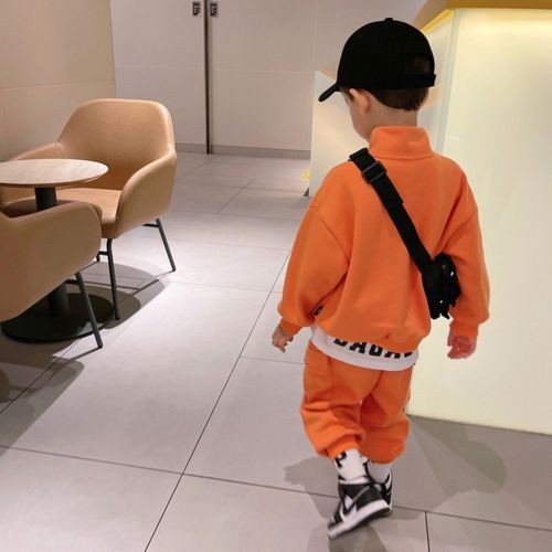 Boy's Long Pants Suit Orange Sweater Children's Two Pieces Set Hedging Clothes
