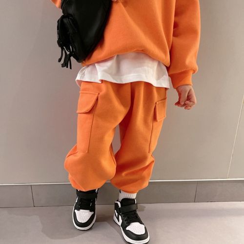 Boy's Long Pants Suit Orange Sweater Children's Two Pieces Set Hedging Clothes