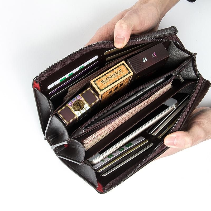 Cartera de negocios de gran capacidad para hombre bolso de mano de cuero Tarjetero con cremallera novedad de-short coffee