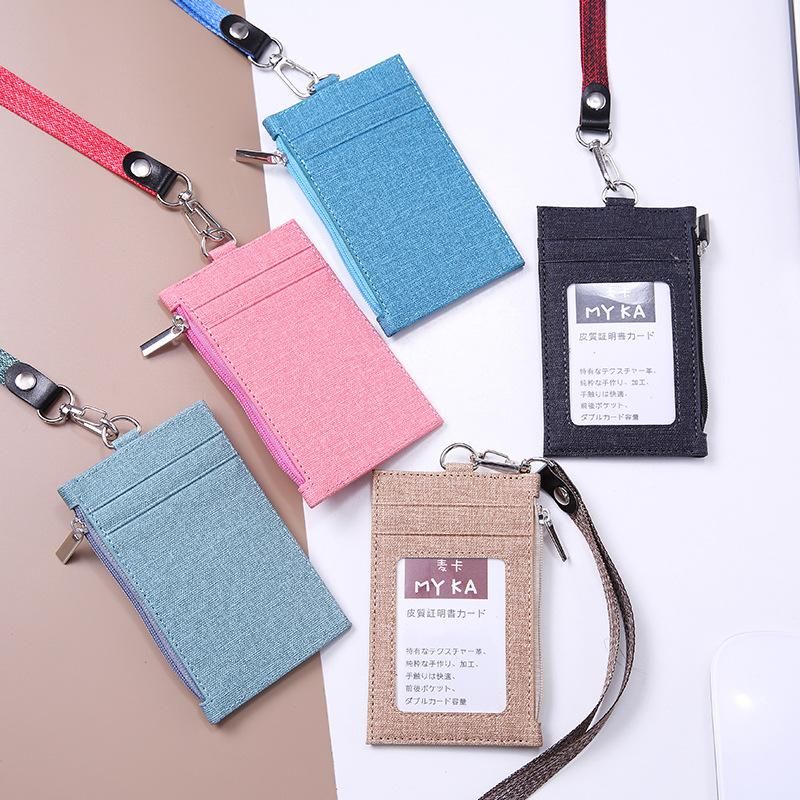 Cartera corta de cuero de vaquero para mujer cordon informal bolso pequeno para hombre Pu delgada para tarjetas de identificacion de negocios con cuerda colgante-Cafe