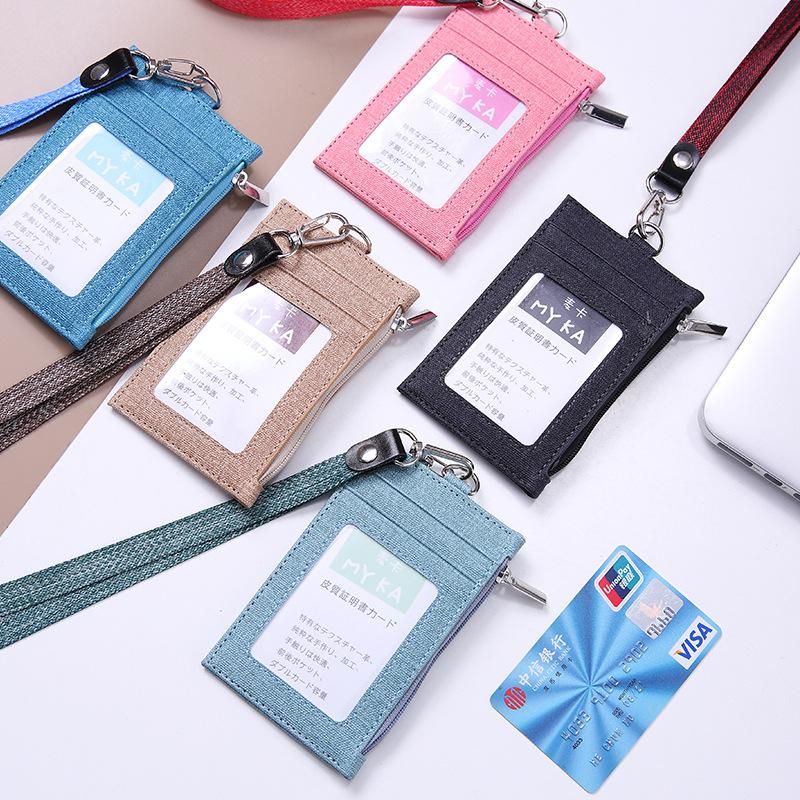 Cartera corta de cuero de vaquero para mujer cordon informal bolso pequeno para hombre Pu delgada para tarjetas de identificacion de negocios con cuerda colgante-Cafe