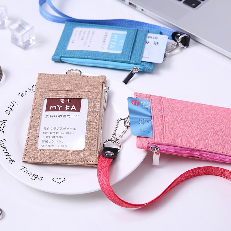 Cartera corta de cuero de vaquero para mujer cordon informal bolso pequeno para hombre Pu delgada para tarjetas de identificacion de negocios con cuerda colgante-Cafe