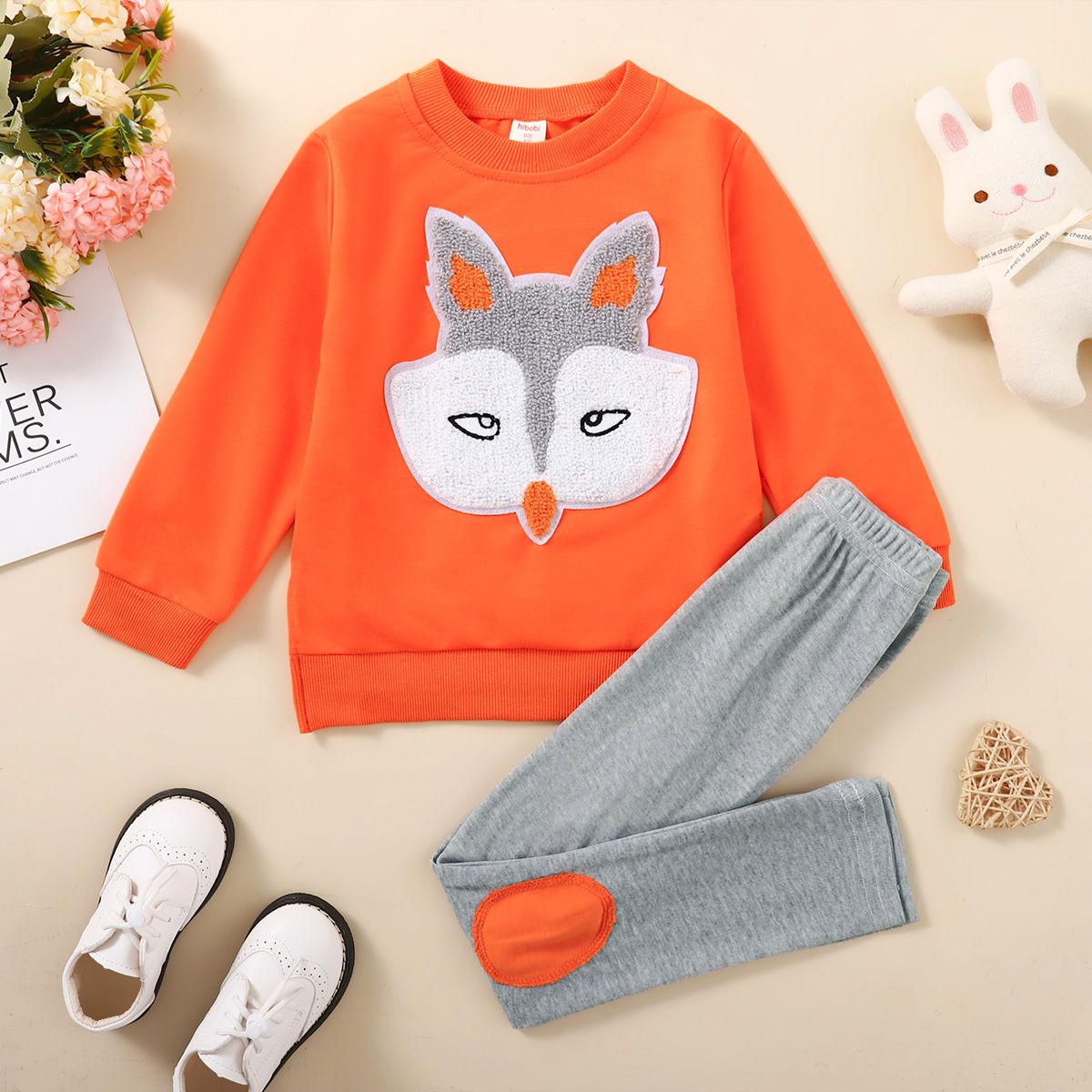 4-12Years Kid Boy Plush Fox Long Sleeve Shirt+ Grey Pants