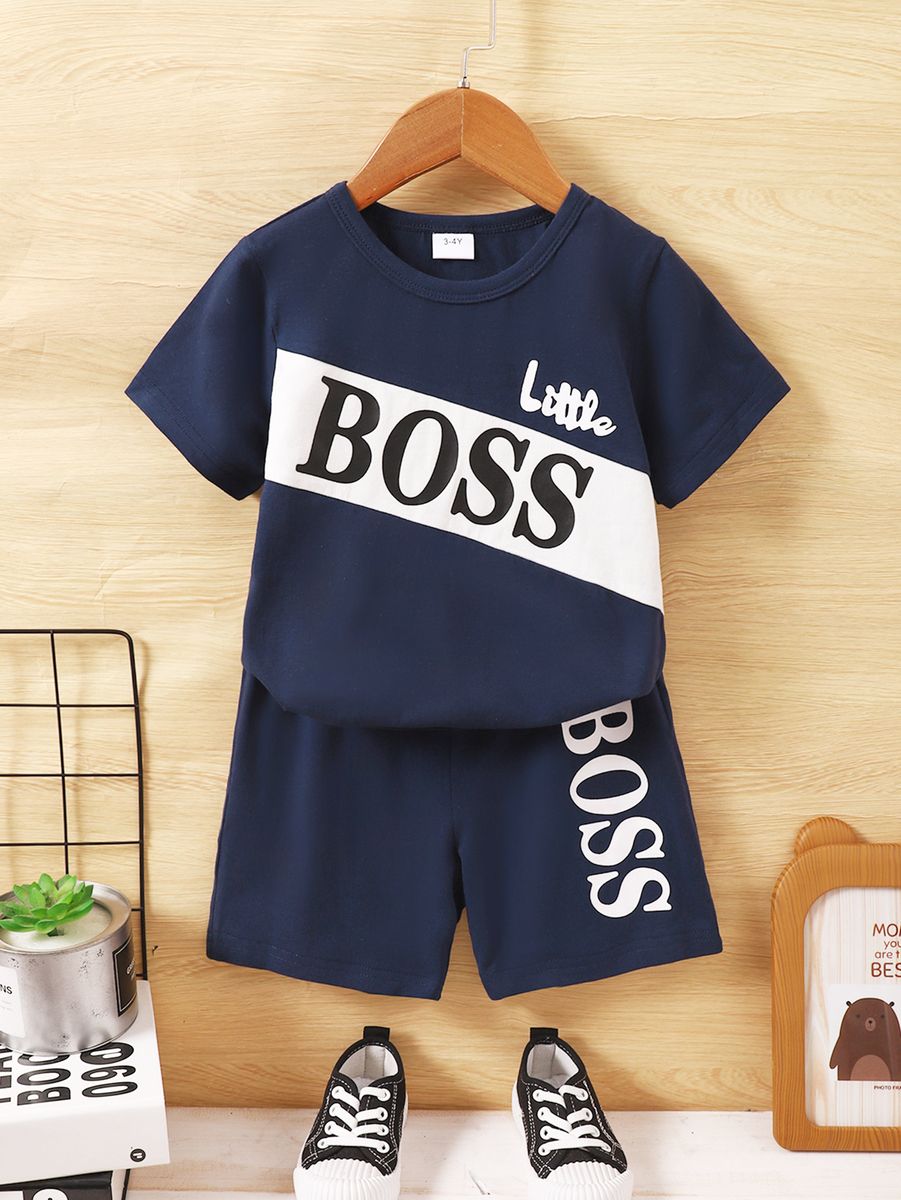 1-6 Years Kid Boy Letter Boss Print T-shirt+ Blue Shorts