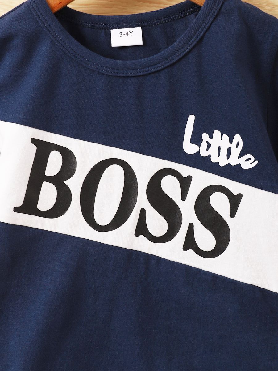 1-6 Years Kid Boy Letter Boss Print T-shirt+ Blue Shorts