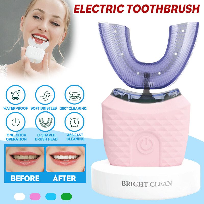 360° 3 Modes Ultrasonic Automatic Toothbrush IPX7 Waterproof USB Charging U Shape Electric Toothbrush For Travel And Household Adult Use Pink