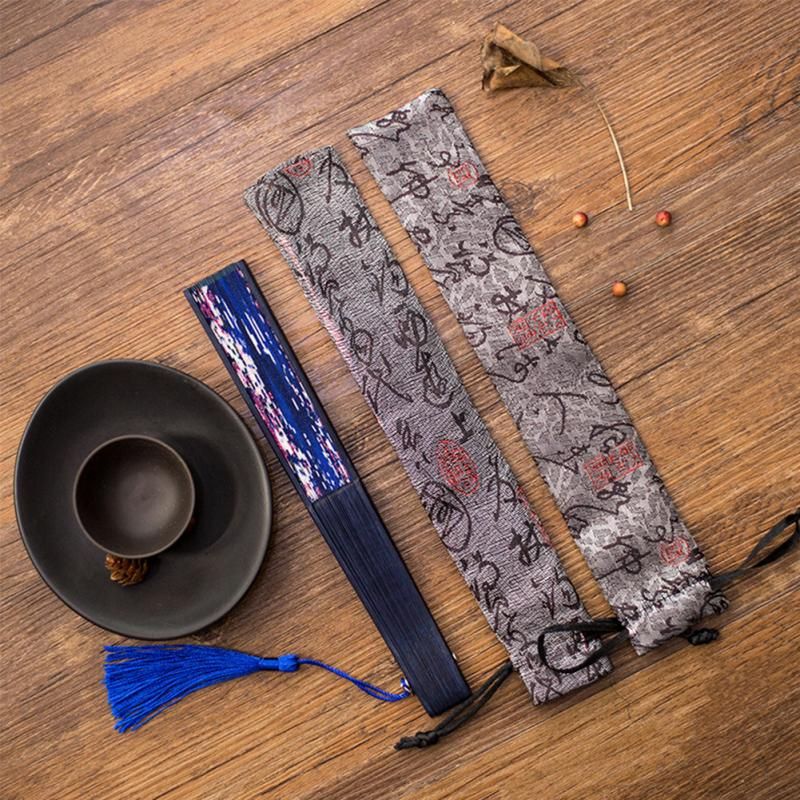 Gift Style Fan & Hand Drawing Cover Ancient Decorative Bag Storage Chinese String Case Long Pouch Folding Retro Shape