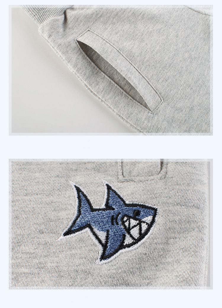 100% Cotton Kid Embroidery Boys Cropped Pants-Grey