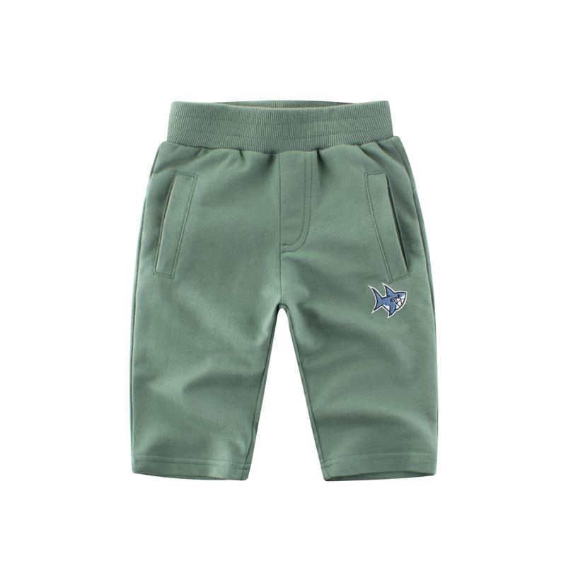 100% Cotton Kid Embroidery Boys Cropped Pants-Grey
