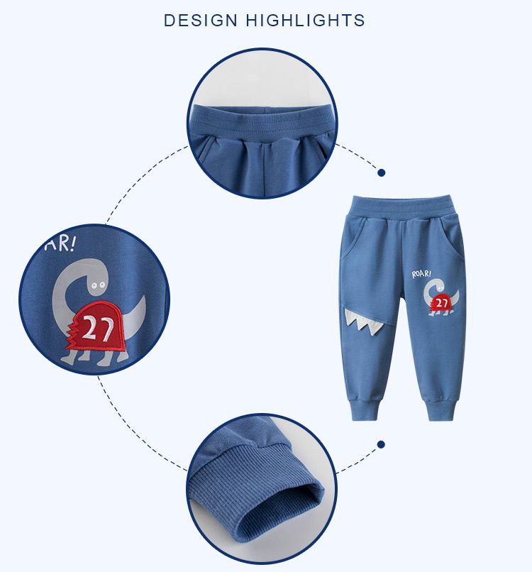 100% Cotton Kids Boys Casual Dinosaur Pants-Grey