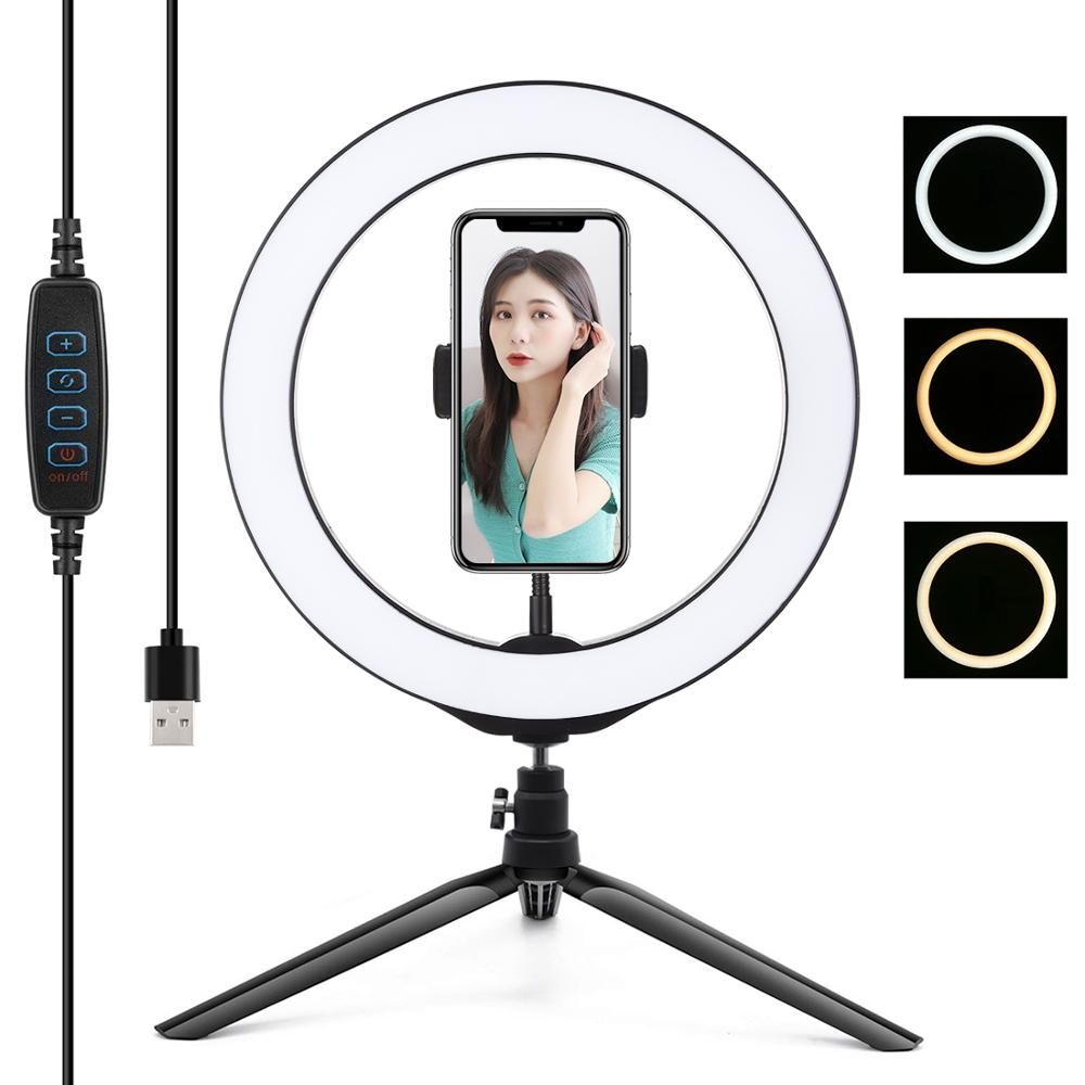 10.2 Inch 3 Modes Dimmable LED Desktop Video Ring Light Selfie Lamp With Tripod Stand USB Plug For YouTube Live Photo Photography Studio