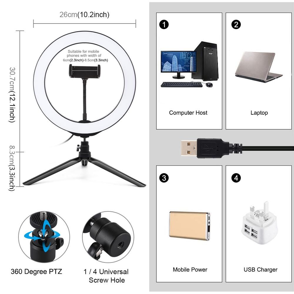 10.2 Inch 3 Modes Dimmable LED Desktop Video Ring Light Selfie Lamp With Tripod Stand USB Plug For YouTube Live Photo Photography Studio