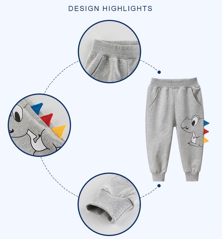 100% Cotton Kids Boys Casual Dinosaur Print Pants-Grey