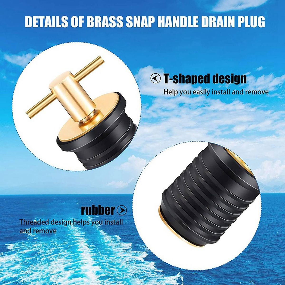 2 Pcs T-Handle Drain Plug Boat Rubber Plugs with Brass Handl