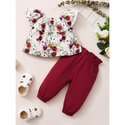 2 Pieces Off Shoulder Floral Graphic Top With Bloomer Set