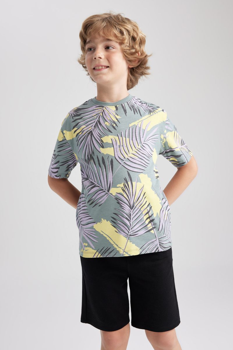 Boy Casual Oversize Fit Crew Neck Knitted Short Sleeve T-Shirt - Green