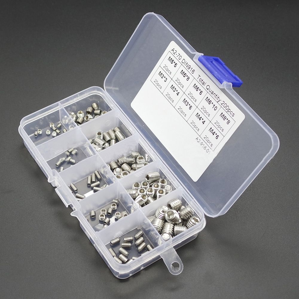 200pcs Hex Grub Screws Kit Set Screws 304 Stainless Steel