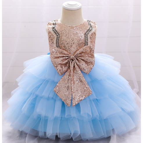 Baby Girls Sequin Dress - Big Bow Dress - Blue