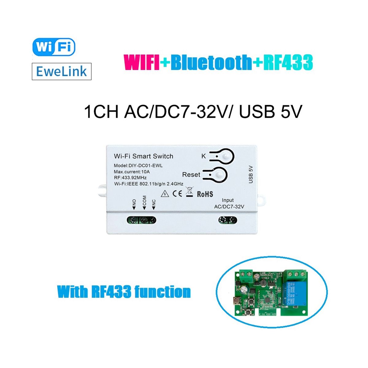 WiFi Smart Switch DIY Timer 1CH 7-32V RF433 2.4G WiFi
