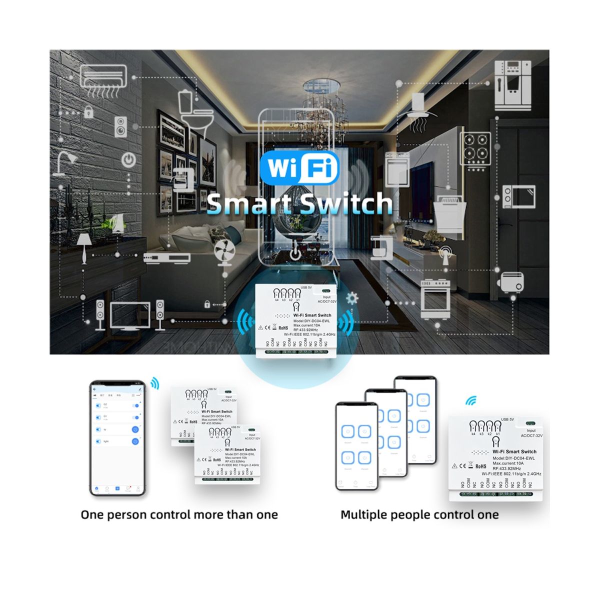 4CH WiFi Smart Switch 85-265V USB 5V 2.4G WiFi Smartlife