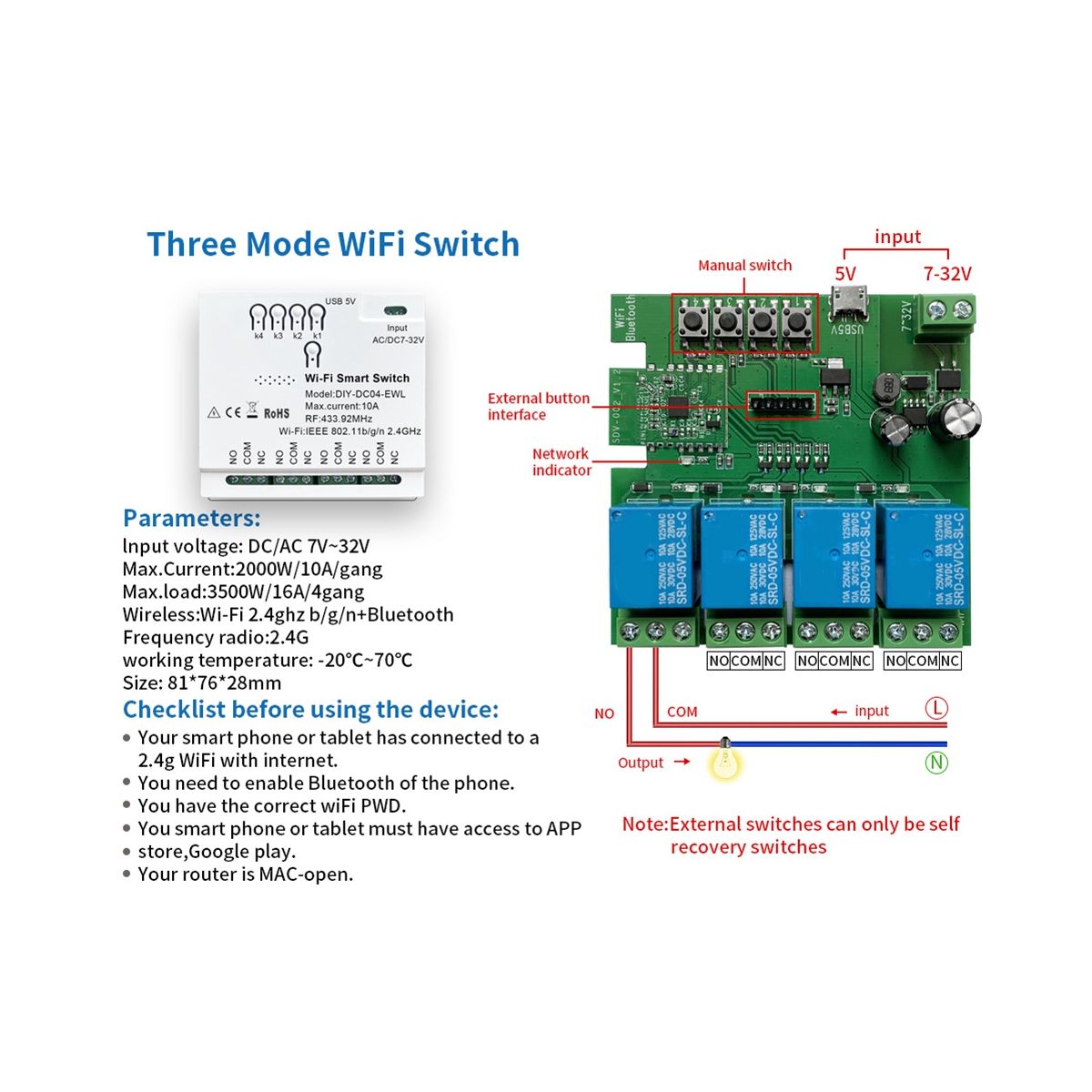 4CH WiFi Smart Switch 85-265V USB 5V 2.4G WiFi Smartlife