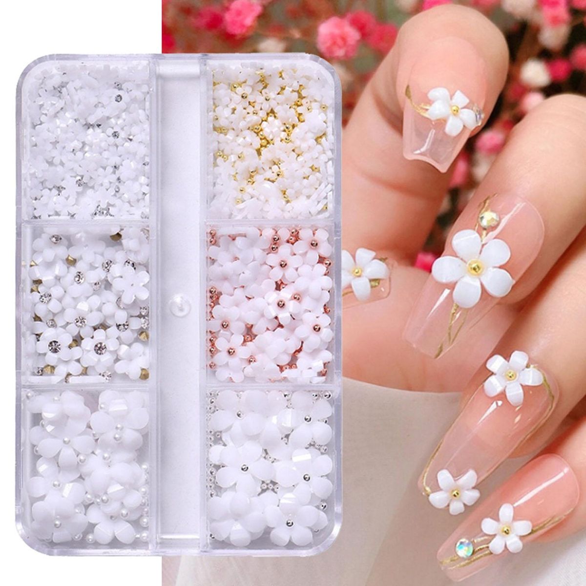 1 Box Nail Art Charm Colorful Flower Nail Decoration White