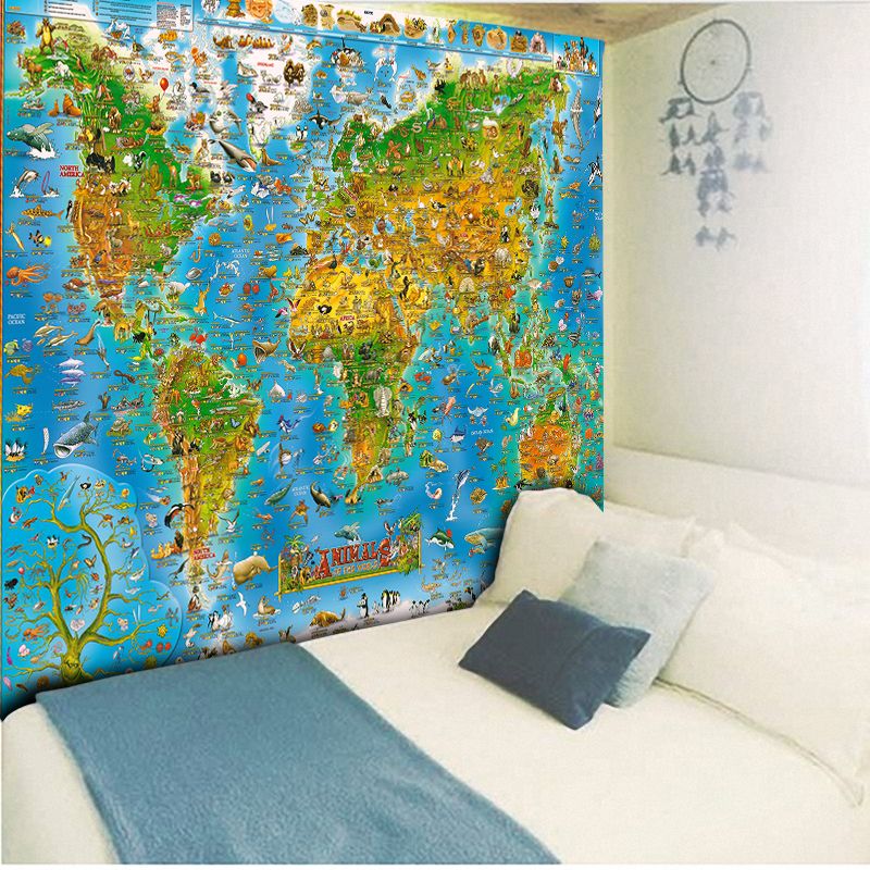 Children Bedroom Animals Of World Map Wall Hanging Tapestry