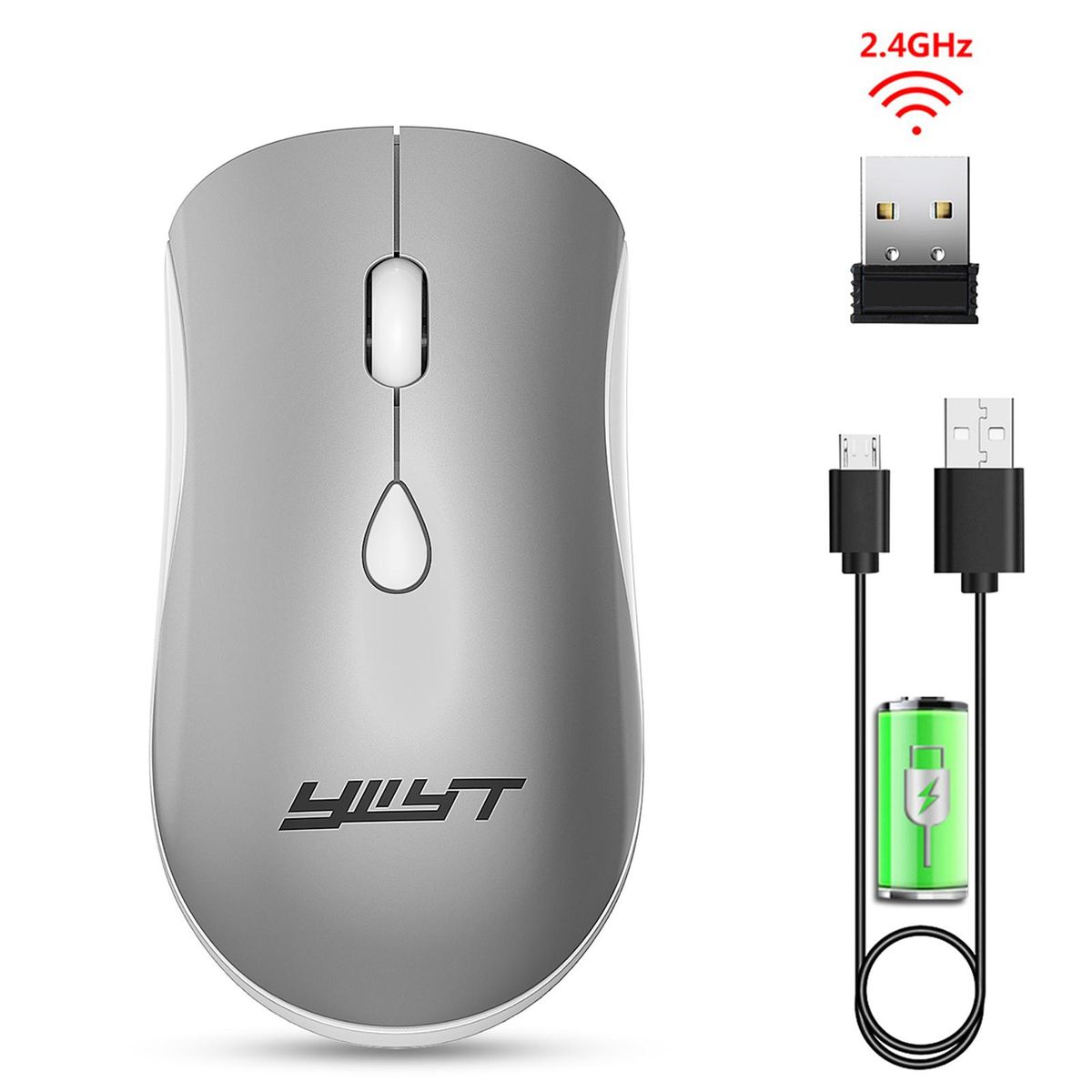 YWYT G864 2.4G Wireless Mouse Ergonomic Design 3-gear Adjustable DPI Built-in 500mAh Rechargeable Lithium Battery Silver