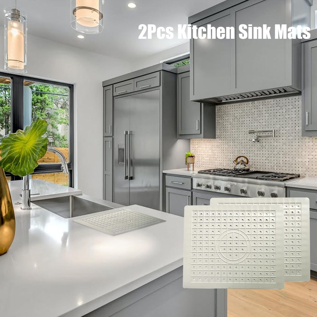 2Pcs Kitchen Sink Mats with Holes Non-Slip Rubber Drain Pad Glass Dishes Protector