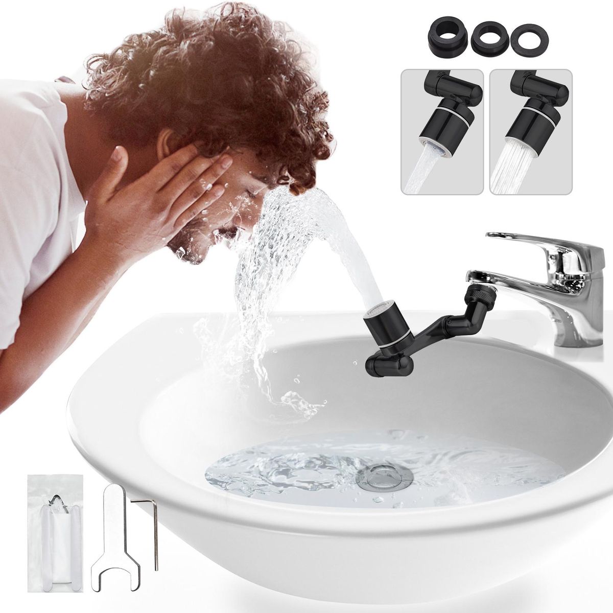 Aoresac Universal Swivel Faucet Extender 1440° Rotating Faucet Aerator with 2 Water Outlet Modes Splash Proof for Bathroom Sink & Kitchen Sink Multifunctional Extension Faucet
