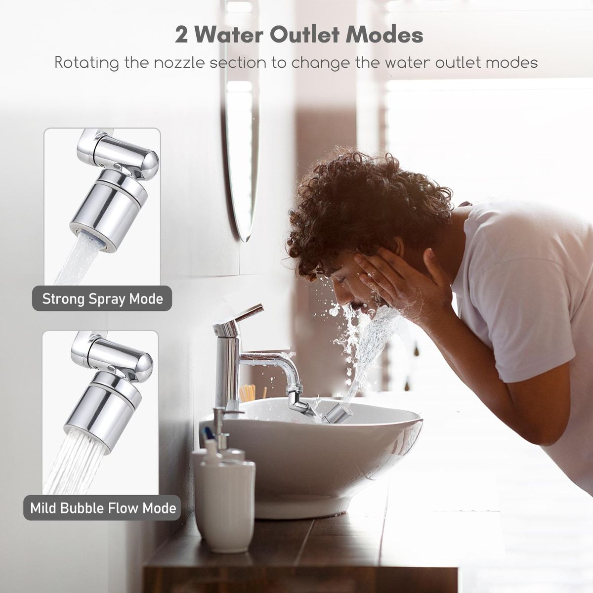 Aoresac Universal Swivel Faucet Extender 1440° Rotating Faucet Aerator with 2 Water Outlet Modes Splash Proof for Bathroom Sink & Kitchen Sink Multifunctional Extension Faucet